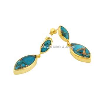 Best Selling Women's Fine Stud Earrings Natural Blue Cooper Turquoise Gemstone Waterproof 18k Gold & Sterling Silver Plated