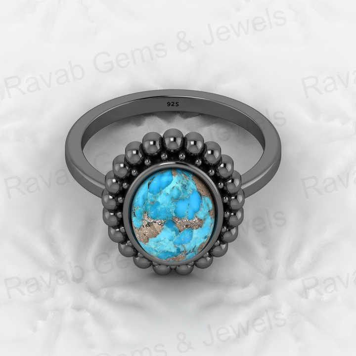 Best Selling 925 Silver Vermeil Eternity Band Natural 8x10mm Pyrite Turquoise Gemstone Bezel Oval Beaded Boho Ring Women Jewelry