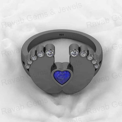 Top Selling Genuine 925 Sterling Silver 4X4mm Heart New Baby Born Foot Lapis Lazuli With CZ Cocktail Ring for Women Jewelry
