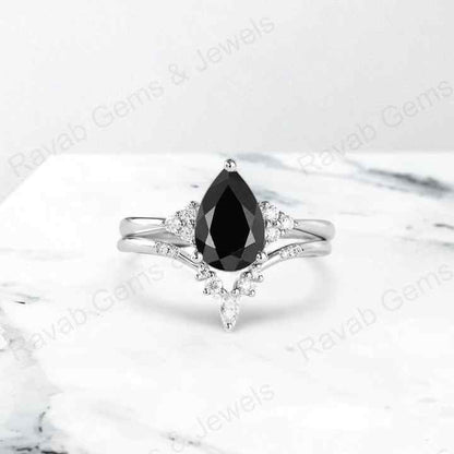 Best Quality 925 Sterling Silver Natural Black Onyx 7x9mm Pear Marquise Bridal Set Ring for Women Handmade Fine Luxury Jewelry