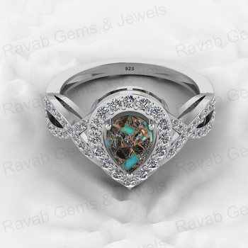 Best Selling 18K Gold Plated Genuine 925 Silver 6x8mm Mohave Blue Black Copper Turquoise CZ Ring for Cocktail Weddings