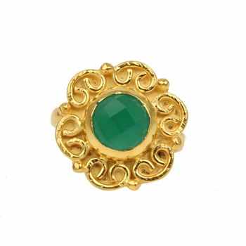 Handmade 925 Silver Gold Vermeil 10mm Natural Green Onyx Round Cabochon Cut Bezel Designer Boho Ring Fine Jewelry For Women