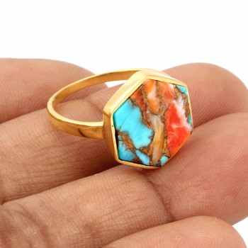 Top Quality Solid 925 Sterling Silver 18k Gold Plated Kingman Mohave Spiny Oyster Copper Turquoise 12mm Hexagon Shape Ring