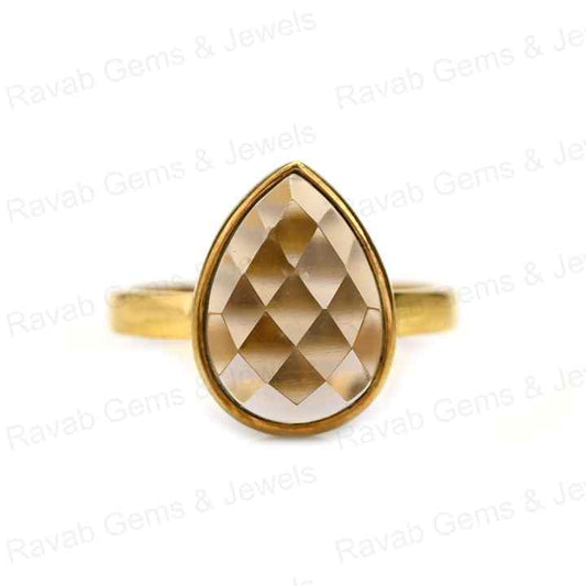 Top Quality Solid 925 Sterling Silver Natural Smoky Quartz Pear Checker Cut 10x14mm Bezel Setting 18k Gold Filled Ring for Women