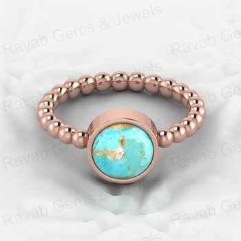 Best Selling 925 Sterling Silver Fine Ring for Women 8mm Natural Arizona Turquoise Stone Beaded Band with Bezel