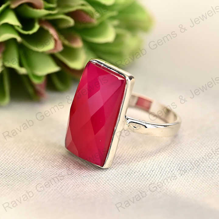 Best Quality Solid 925 Sterling Silver Pink Fuchsia Chalcedony Checker Cut Rectangle Shape Ring for Women Fine Handmade Jewelry
