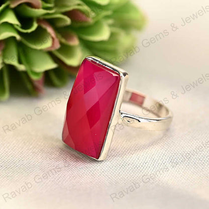 Best Quality Solid 925 Sterling Silver Pink Fuchsia Chalcedony Checker Cut Rectangle Shape Ring for Women Fine Handmade Jewelry