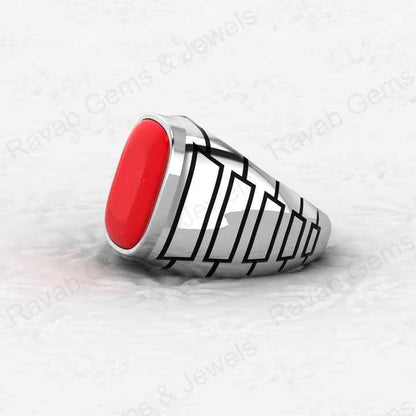 Best Selling Solid 925 Sterling Silver Smooth Red Coral Octa Cushion Shape Signet Ring for Men Customized Handmade Jewelry