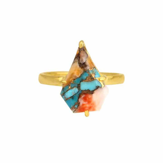 High Quality 18K Gold 18K Copper Plated Solid Sterling Silver Mohave Spiny Oyster Turquoise Prong Set Chunky Uneven Ring Parties