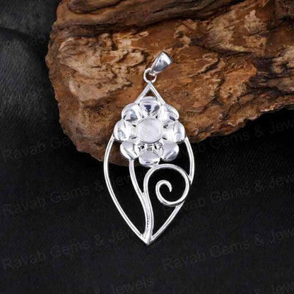 Handmade 925 Silver Semi-Mounting Charm Pendant Leaf Flower Design Stone Setting for DIY Keepsake Jewelry Findings Components