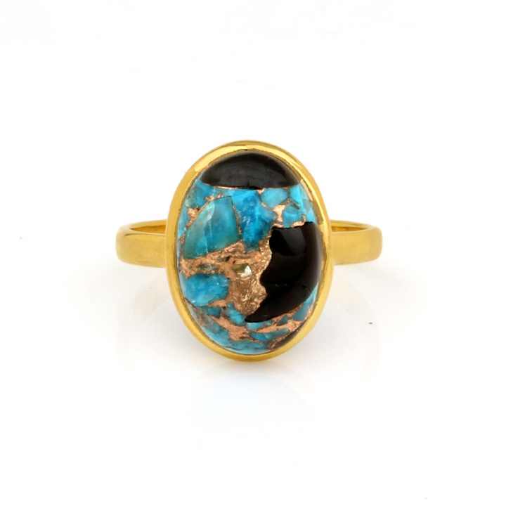 Best Selling Solid 925 Sterling Silver Blue Black Copper Kingman Turquoise 12x16mm Bezel Setting Ring for Women Handmade Jewelry