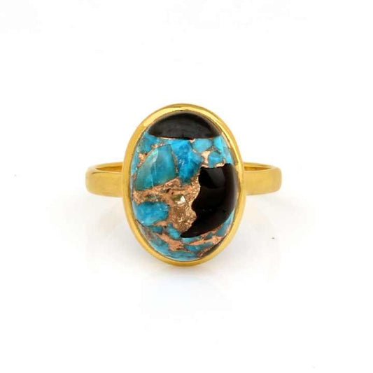 Best Selling Solid 925 Sterling Silver Blue Black Copper Kingman Turquoise 12x16mm Bezel Setting Ring for Women Handmade Jewelry