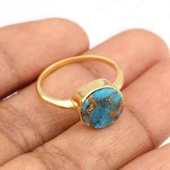 18K Gold Plated 925 Silver Ring Beautiful 12mm Natural Mohave Blue Copper Turquoise Gemstone Bezel Setting Fine Her Jewelry
