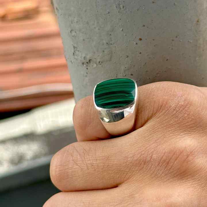 925 Sterling Silver Natural Malachite Cushion Shape 10x15mm Flat Bezel Setting Classical Men's Signet Ring Handmade Jewelry