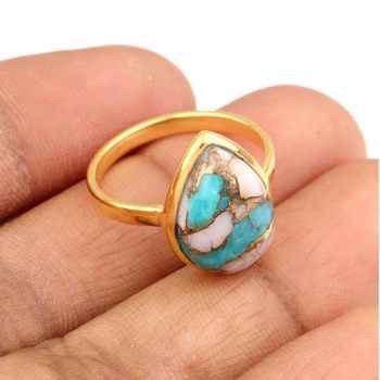 10x14mm Pink Opal Copper Turquoise Bezel 18k Gold Plated Dainty Sterling Silver Ring Vintage Style Unisex for Him Her Weddings