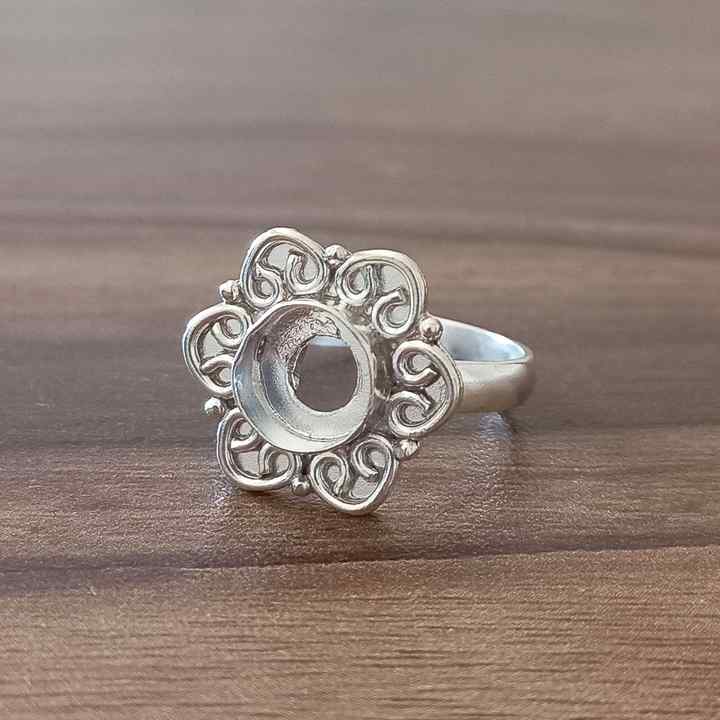 Genuine Solid 925 Sterling Silver Flower Design 7MM Round Bezel Setting Semi-Mount Blank Setting Simple Band Fine Ring For Women