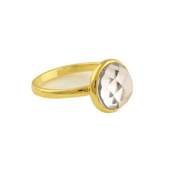12mm Natural Crystal Clear Quartz Faceted Gemstone Bezel 18K Gold & Fine Sterling Silver Dainty Ring for Women