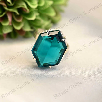 New Arrival Solid 925 Sterling Silver London Blue Topaz Hydro Hexagon Cut Prong Setting Ring for Women Fine Handmade Jewelry