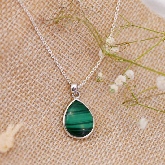 Top Selling 925 Silver Pendant Necklace for Women Handmade 12x16mm Teardrop Natural Malachite Healing Crystal Bezel Fine Jewelry