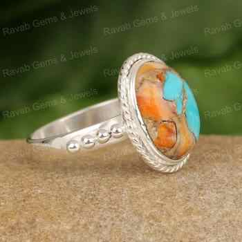 New Arrival 925 Sterling Silver Women's Wedding Ring Handmade 10x14mm Oval Shape Spiny Oyster Turquoise Fine Jewelry