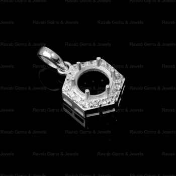 High Quality Pure 925 Silver 8mm Hexagon Semi Mount Charm Pendant With CZ Prong Setting for DIY Jewelry Findings & Components
