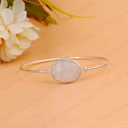 Genuine 925 Sterling Silver Natural Rainbow Moonstone Checker Cut 10x14mm Bezel Setting Front Open Lock Fine Bangle Bracelet