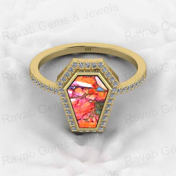 Top Selling Genuine 925 Silver Mix Oyster Copper Mohave Turquoise Gemstone Bezel Sating Coffin Designer Ring for Women Jewelry