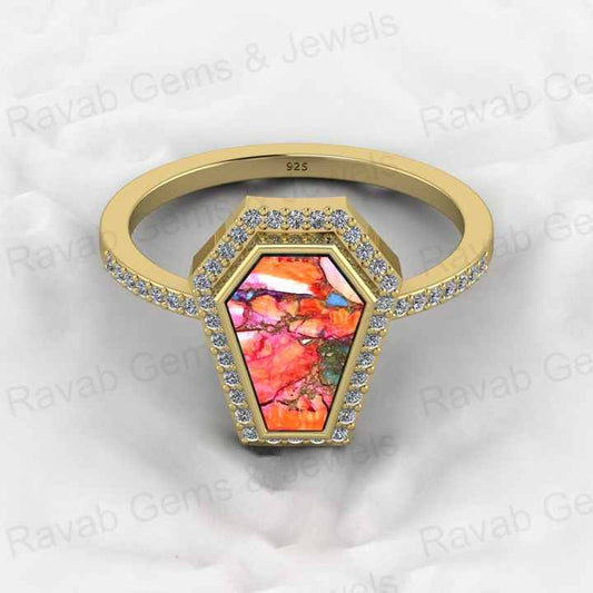 Top Selling Genuine 925 Silver Mix Oyster Copper Mohave Turquoise Gemstone Bezel Sating Coffin Designer Ring for Women Jewelry