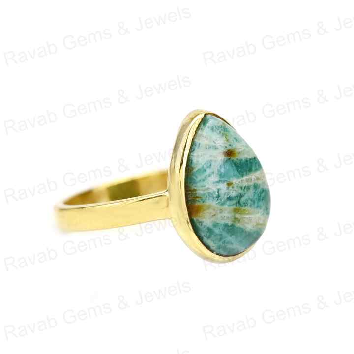 Top Quality Solid 925 Sterling Silver Natural Amazonite Smooth Cabochon 10x14mm Bezel Setting 18k Gold Filled Ring for Women
