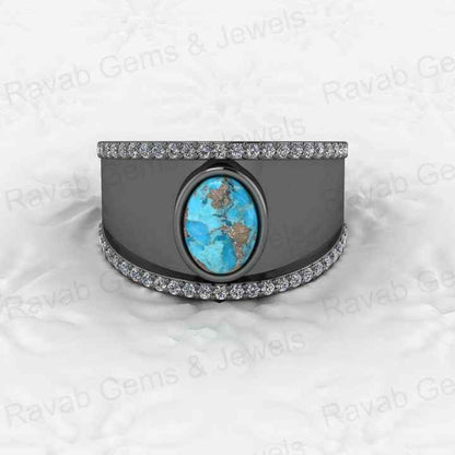 Top Selling Boho Style Women's Fine Ring Handmade 925 Silver Vermeil Natural Pyrite Turquoise Gemstone Cabochon CZ Eternity Oval