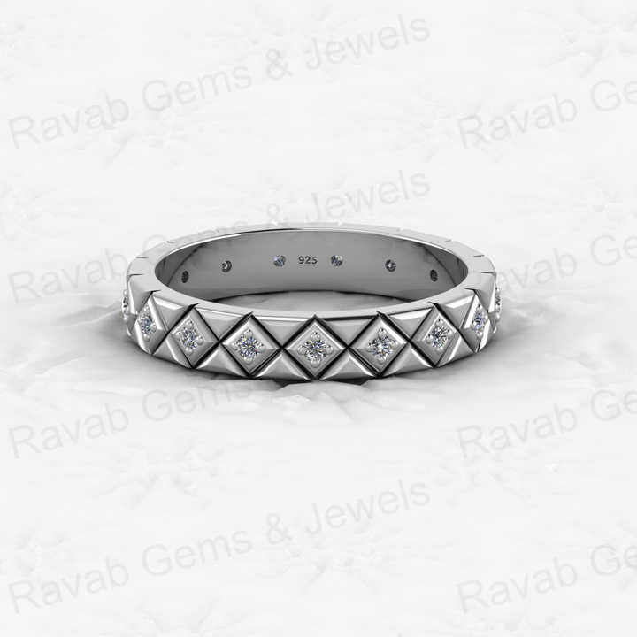 Best Selling 925 Sterling Silver Square Checker Patterned Vermeil Round Cut Brilliant Eternity Band Ring for Fine CZ Jewelry