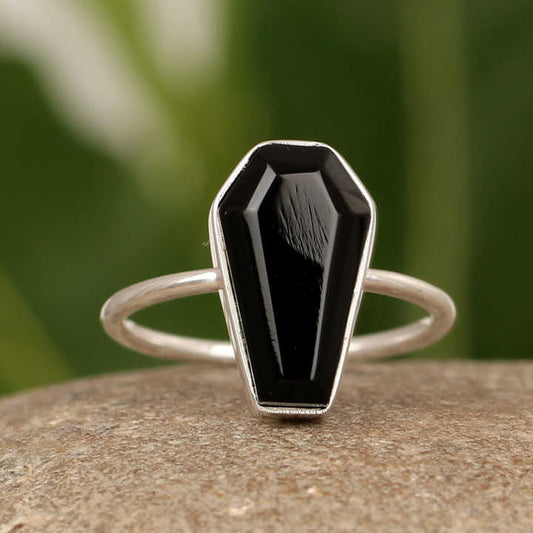 Top Selling New Design Natural Black Onyx Gemstone 925 Sterling Solid Silver 10x17mm Coffin Shape Dainty Ring Women Jewelry