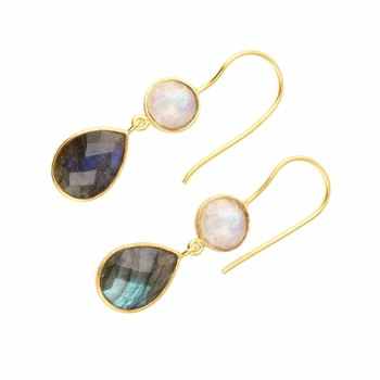 Top Quality Solid 925 Sterling Silver Natural Labradorite & Rainbow Moonstone Bezel Setting Drop Dangle Earring for Women