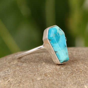 Top Selling Dainty Coffin Shape Sterling Silver Ring Genuine Kingman Blue Arizona Turquoise Gemstone Bezel Setting Women's Fine