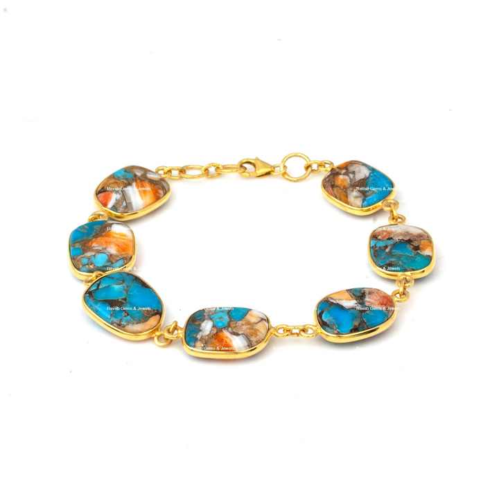 Beautiful Natural Mohave Spiny Oyster Copper Turquoise Sterling Silver Gold Plated Chain Adjustable Uneven Bracelet for Women
