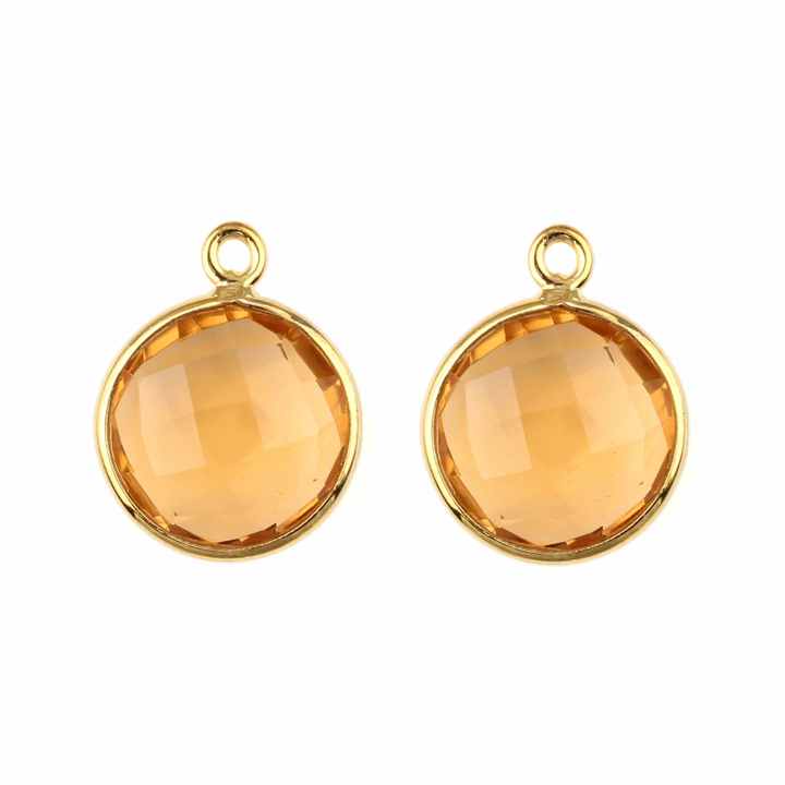 18K Gold Plated Exquisite Champagne Quartz Stone round Coin Pendant Tiny Silver Bezel with Loop Fine Pendants Charms Wholesaler