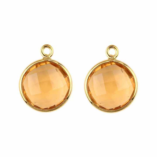 18K Gold Plated Exquisite Champagne Quartz Stone round Coin Pendant Tiny Silver Bezel with Loop Fine Pendants Charms Wholesaler