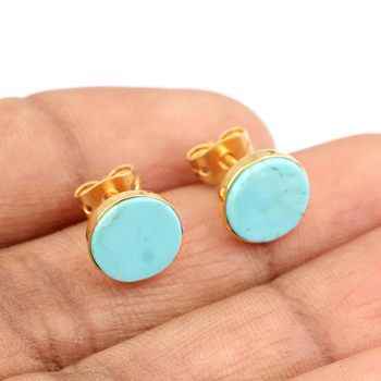 Wholesale 925 Sterling Silver Bezel Gold Plated Stud Earrings Natural Gemstone Arizona Turquoise Fine Indian Jewelry