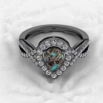 Best Selling 18K Gold Plated Genuine 925 Silver 6x8mm Mohave Blue Black Copper Turquoise CZ Ring for Cocktail Weddings