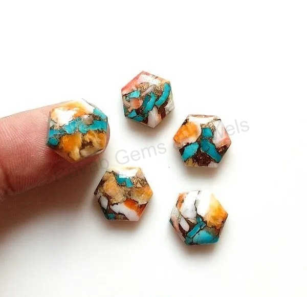 Top Quality Spiny Oyster Copper Turquoise 12x12mm Hexagon Smooth Cabochons Flat Back Gemstone Turquoise Making Gold Jewelry