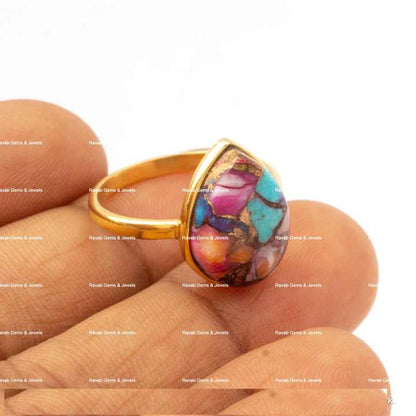 Hot Selling New Design 12x16mm Natural Mix Oyster Copper Turquoise Stone 18k Gold Plated Dainty Boho Pear Shape Ring for Women
