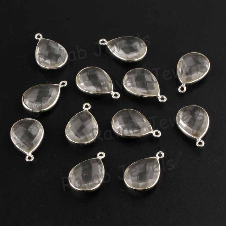 Top Findings Supplier Natural Clear Crystal Quartz Pear Gemstone 92.5 Sterling Silver Bezel Pendant Connector Charms for Jewelry