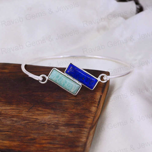 Handmade 925 Silver Minimalist Statement Adjustable Women Bangle Amazonite Lapis Lazuli Rectangle Bezel Setting Fine Jewelry