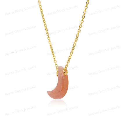 Top Trending 925 Silver Fine Jewelry Natural Crystal Peach Moonstone Floating Crescent Moon Shape Pendant Necklace for Women