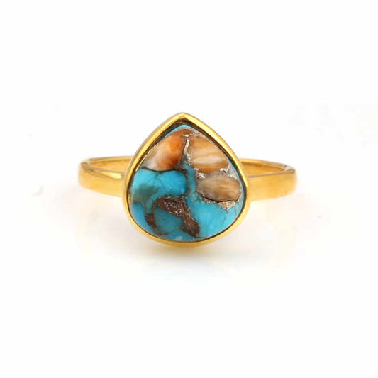 Top Selling 10mm Spiny Oyster Copper Turquoise Stone Bezel 18k Gold Plated 925 Sterling Silver Dainty Heart Ring for Her