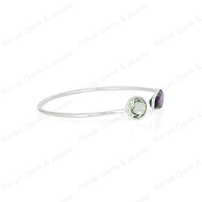 Superb Genuine 925 Sterling Silver Amethyst Coffin & Round Shape Bezel Setting Minimalist Adjustable Bangle Bracelet For Women