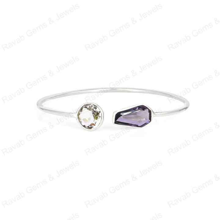 Superb Genuine 925 Sterling Silver Amethyst Coffin & Round Shape Bezel Setting Minimalist Adjustable Bangle Bracelet For Women