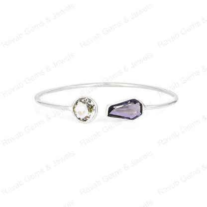 Superb Genuine 925 Sterling Silver Amethyst Coffin & Round Shape Bezel Setting Minimalist Adjustable Bangle Bracelet For Women