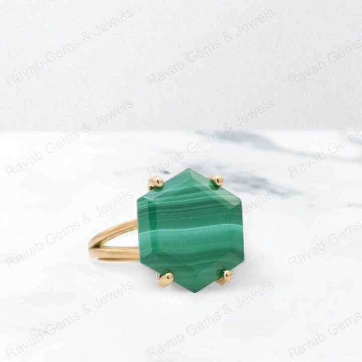 Top Selling 925 Silver Natural 14mm Malachite Hexagon Cut Stone Gold Vermeil Eternity Wedding Band Ring Fine Jewelry for Women