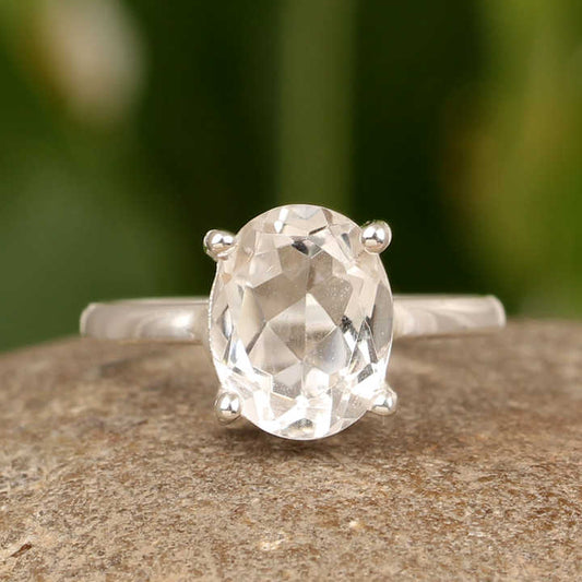 Best Selling 925 Sterling Silver Women's Dainty Ring 10x14mm Oval Faceted Cut Genuine White Clear Quartz Gemstone Rhodium Prong